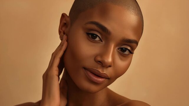 Opening eyes, model moving hand to ear in studio for portrait, wearing stud earring, bare shoulders