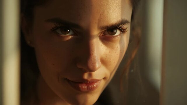 Looking woman lifting gaze as vertical slit light aligning on face in interior, holding intent
