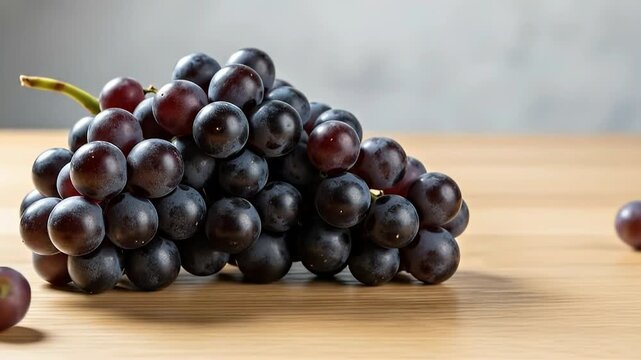 A vibrant cluster of fresh, ripe dark grapes rests elegantly on a clean wooden surface, with a few individual berries scattered nearby. The rich, deep purple hues of the fruit pop against the warm woo