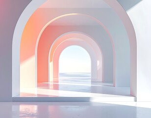 A series of receding white arches illuminated by soft, warm light, creating a pathway to an open, bright horizon.