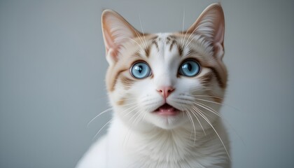 Curious white and brown cat with blue eyes looking surprised