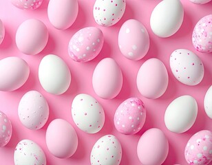 A vibrant overhead view of assorted pink and white polka-dotted Easter eggs scattered on a bright pink background.