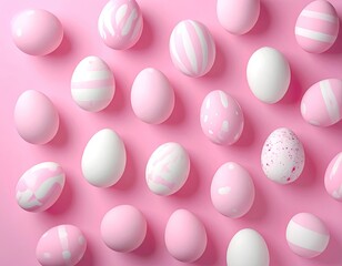 A collection of pink and white decorated Easter eggs arranged on a bright pink background.