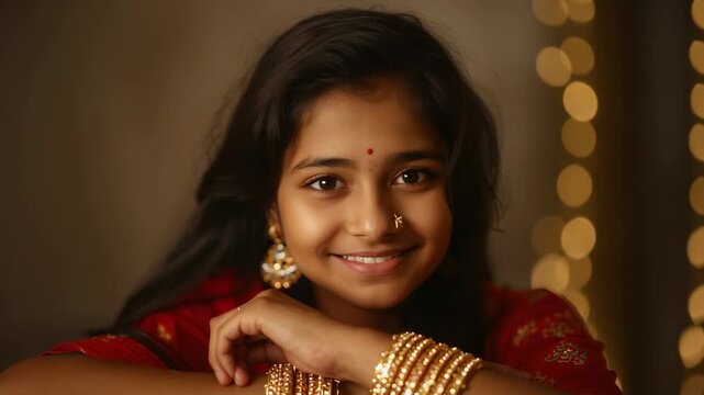 Smiling girl in red kurta resting forearms in studio while camera zooming in showing gold bangles