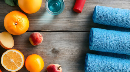Fresh fruit and gym essentials on wooden table