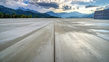 Vast concrete expanse meets layered, misty mountains under a dramatic sky.