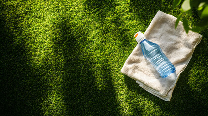 Water bottle on towel in green grassy area outdoors