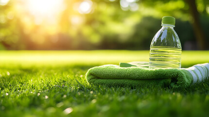 Refreshing outdoor fitness essentials on green grass