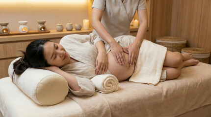 Asian Pregnant Woman Relaxing on Spa Bed Receiving Prenatal Belly Massage