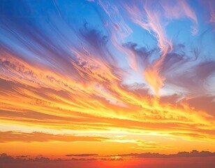 Vibrant streaks of orange, yellow, and blue paint a dramatic sunset sky.