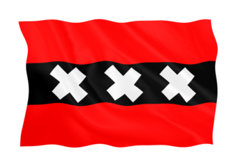 Digital composite ..Flag of Amsterdam with three St Andrews crosses. Waving in the wind with a fabric overlay. ..city, stad, vlag, ..PNG file