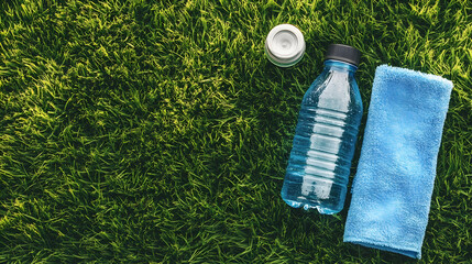 Fitness essentials on green grass background