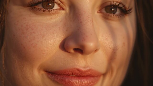 Smiling freckled woman responding to warm sunlight through blinds, blinking and widening eyes