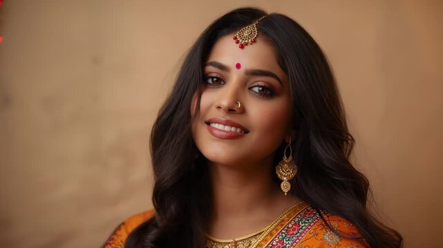 Smiling woman moving hands to neck, camera starting bridal studio shoot with sari maang tikka