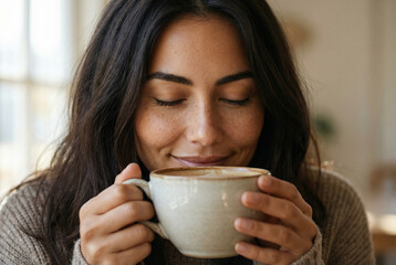 A woman enjoying the aroma of a coffee