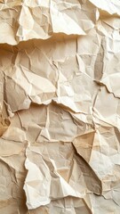 Highly textured close-up of crumpled, aged, light brown paper background.