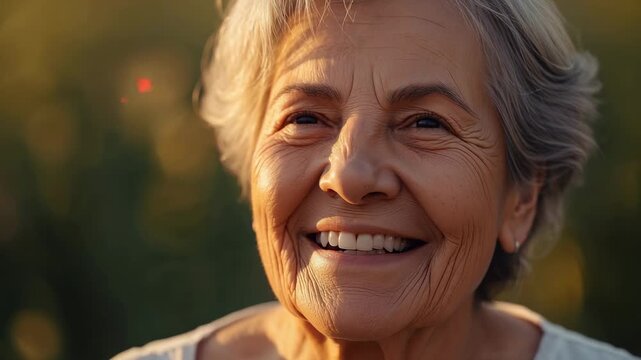Smiling senior woman turning head in garden, golden sun warming face, showing left earring, blouse