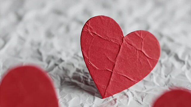 A visually captivating close-up shot featuring multiple textured red heart shapes resting gently on a subtly crumpled white surface. The camera subtly shifts focus, highlighting the intricate, creased