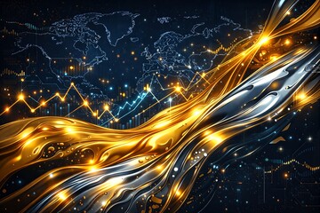 Obraz premium Abstract glowing lines and lights on a dark background with world map