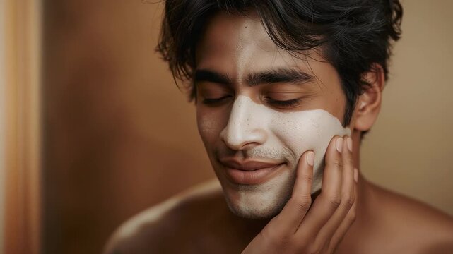 Smoothing bare-chested man's face at vanity after applying white product for skincare using fingers
