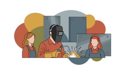 Welder in Action with Colleagues A Teamwork Illustration.