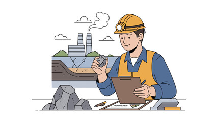 Geologist Inspecting Rock Sample with Hard Hat and Clipboard.