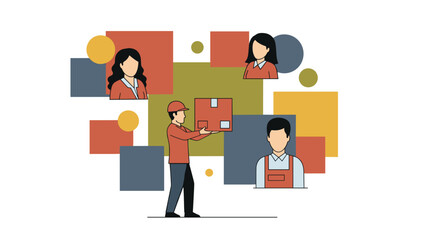 Delivery Person Delivering Package to Customers with Colorful Background.