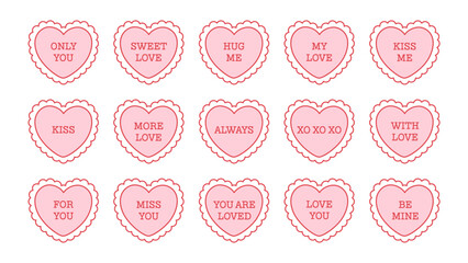 Cute outline hearts with romantic messages. Hearts with love inscriptions. Valentine's day elements. Flat vector illustration