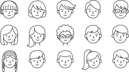 Cute children face icons vector set with different hairstyles and expressions in simple line art style isolated on white background