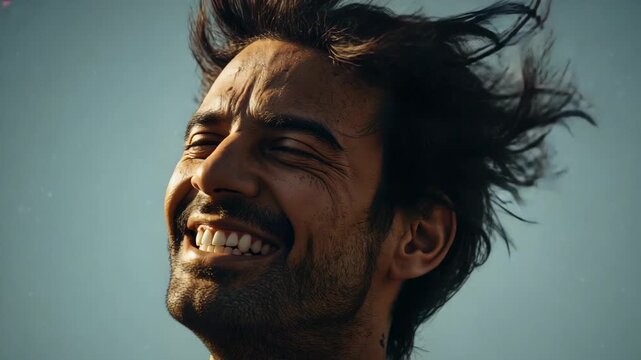 Tilting adult male's head back and smiling, reacting to sun and breeze, wind-blown hair, droplets