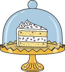 A delightful slice of colorful sprinkle cake resting on a golden stand under a protective dome