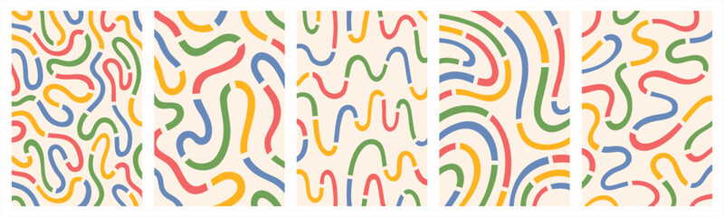 Colorful lines fluid wiggling stripes line segments cuts doodle hand drawn winding strips waves vector colorful backgrounds set. Liquid funky chaotic maze ornaments groovy hippie patterns collection.