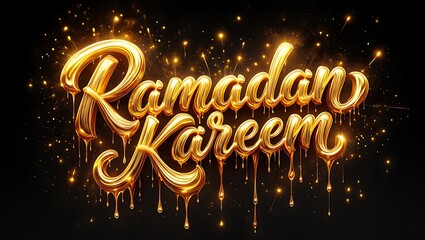 Luxurious golden 3d lettering of Ramadan Kareem with dripping effect and glowing sparkles