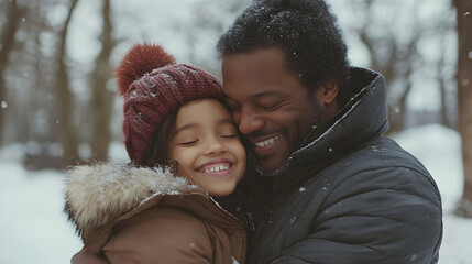 Couple embracing warmly in snowy forest on winter day