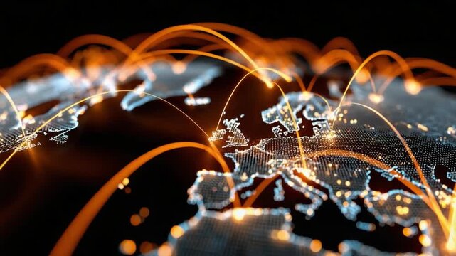 Global Network: The digital world comes alive as interconnected lines of communication weave across the continents, representing the seamless flow of data in the global network.