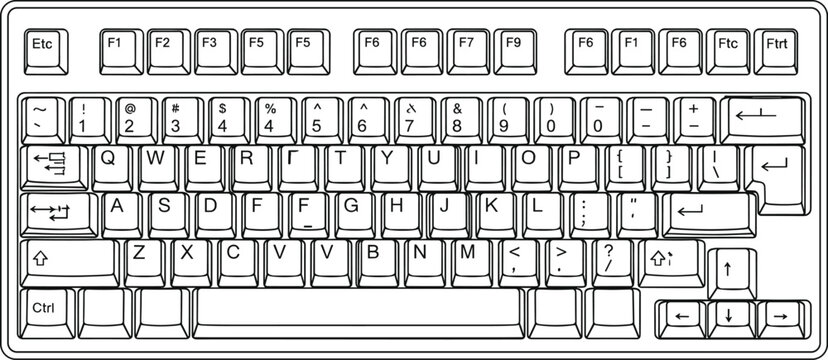 Computer keyboard line art vector illustration with detailed keys layout isolated on white background for technology and office design