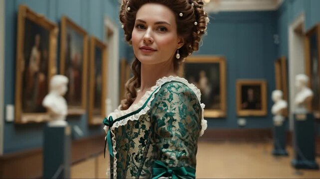 Elegant renaissance woman touring art gallery in historical costume