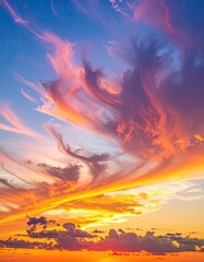Dramatic sunset sky with wispy, vibrant cirrus clouds illuminated by warm light.