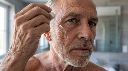 Mature man applying hydrating face serum with dropper. Modern male grooming, anti‑aging skincare and daily self‑care routine.