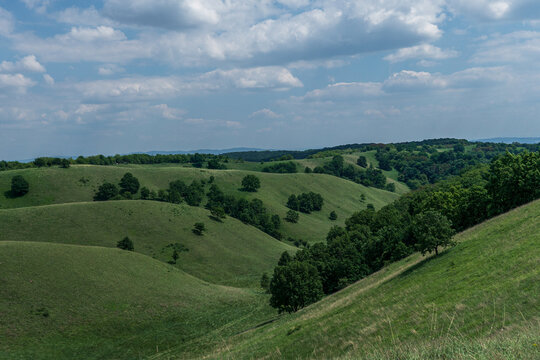 Beautiful green hills, pastures and trees of Zagajicka brda in Serbia near Vrsac. Scenic spring and summer nature landscape.