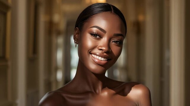 Camera starting, woman smiling, blinking, shifting back to smiling for portrait in hall, studs