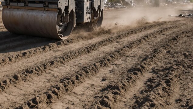Road roller compacting earth, creating parallel ridges of disturbed soil