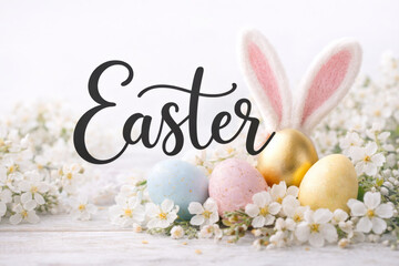 Easter greeting background with eggs, bunny ears and flowers. Card with calligraphy text.