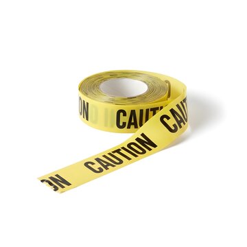 Yellow caution tape roll with black text isolated on white safety warning and restricted area barrier