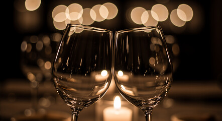 Two wine glasses for a romantic candlelight dinner. Elegant celebration with a warm bokeh background for Valentine's Day