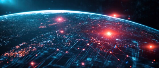 Fototapeta premium Cyberpunk inspired planet earth covered with holographic links and data streams dramatic contrast futuristic global communication concept high detail