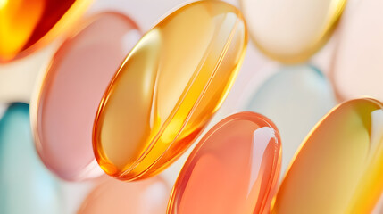 Vibrant translucent pills in various colors and shapes