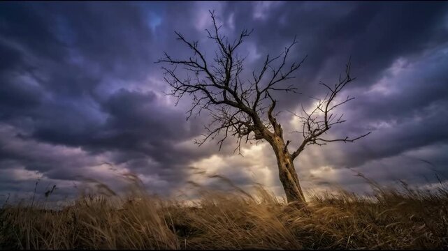 Eerie lone leafless tree stands under dramatic stormy sky wide shot.