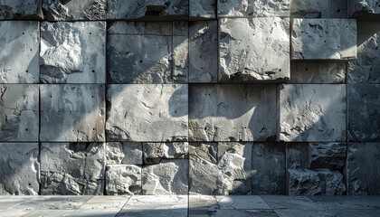 A textured wall made of rough, interlocking concrete blocks illuminated by dramatic lighting.