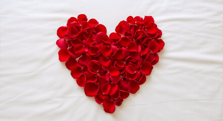 Red rose petals arranged in a heart shape on a white fabric background. Romantic symbol of love for Valentine's Day and anniversary celebrations